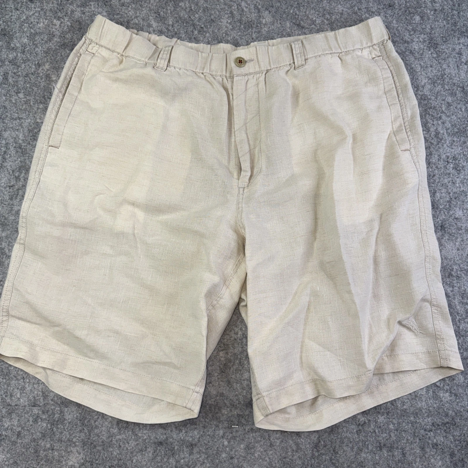 Tommy Bahama Shorts Mens XL Cream 100% Linen Cargo Elastic Drawstring 10" Beach