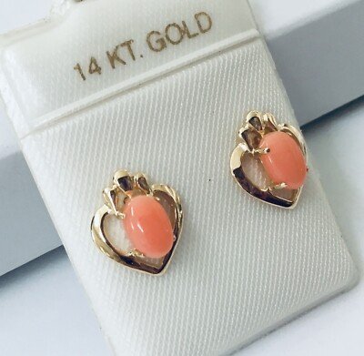 14K Yellow Gold Natural Aka Red Coral Hand Carved Rose Stud Earrings - New