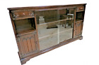 Vintage English Wood Bookcase - Wooden Carved Dark Oak With Sliding Glass Doors