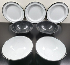 Lote de 7 platos de almuerzo moteados blancos negros esmaltados Cinsa de metal