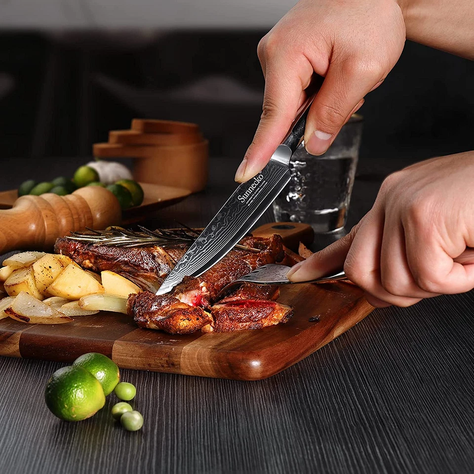 Juego de 6 cuchillos para carne Sunnecko juego de tenedores para carne rectos cortadora de carne de Damasco Foto 2 de 4