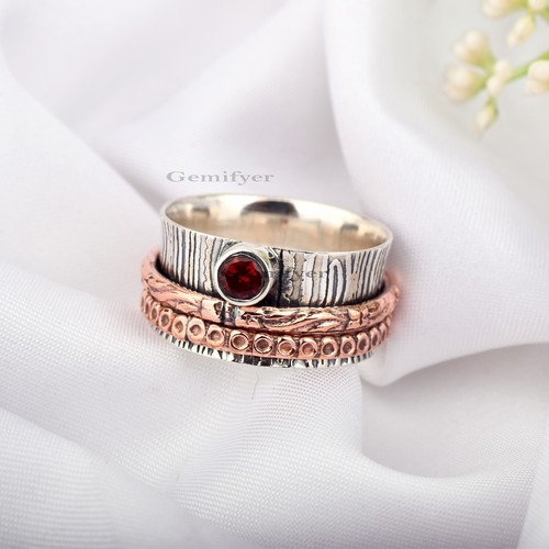 925 Sterling Silver Copper Fidget Women's Ring Garnet Gemstone Spinner Jewelry - Picture 4 of 10