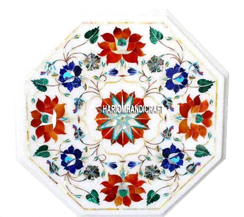 White Marble Coffee Table with Carnelian & Lapis Stone Inlay Art Deco Design