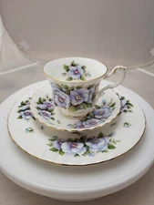 E&R Crown China “Tenderness” Cup  ,Saucer  & Salad Plate Set Purple Blue Pansy