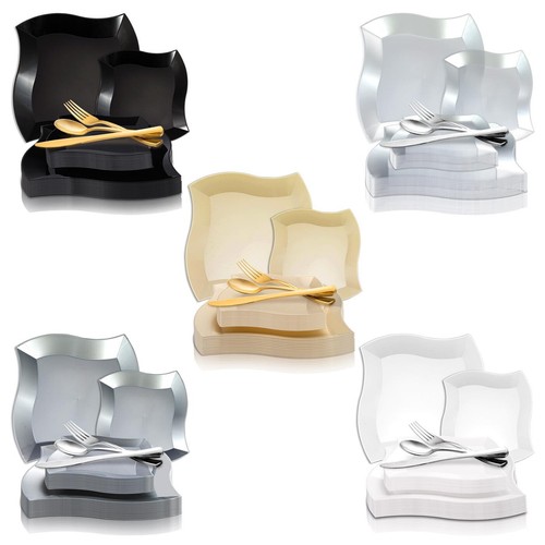 Disposable Plastic Dinnerware Set Party Package Square Wave Design Dinner Plates - Picture 2 of 57