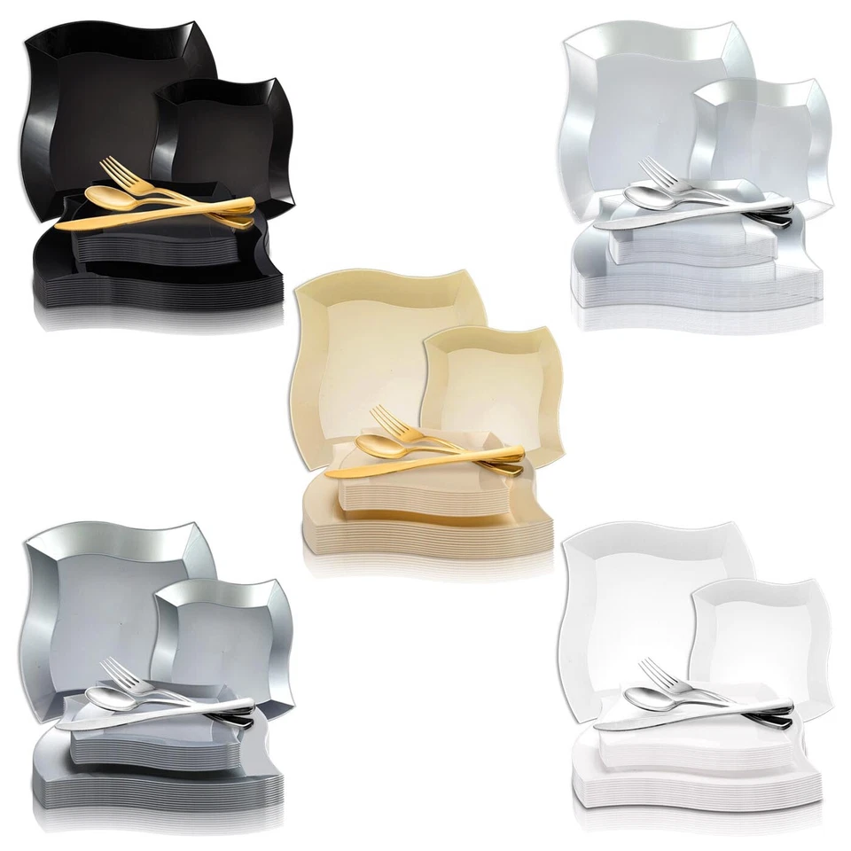 Juego de vajilla de plástico desechable paquete de fiesta platos de cena de diseño de onda cuadrada Foto 2 de 2