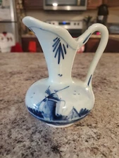 Delft Small Pitcher Creamer Bud Vase Windmill Scene Handpainted Blue Holland