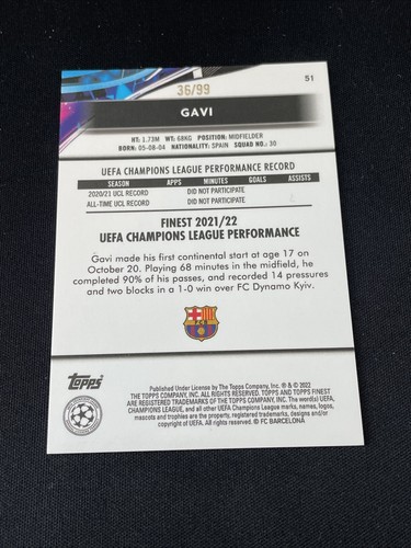 2021-22 Topps Finest UCL Gavi Blue Neon Green Refractor RC #/99 Raw - Picture 2 of 2