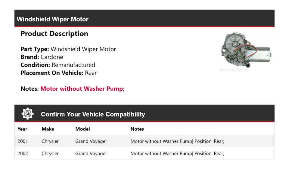 Para Chrysler Grand Voyager 2001-2002 Limpiaparabrisas Motor Trasero Cardone Foto 2 de 4