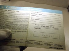 Canon FD 50mm f1.8 Lens Limited Warranty Card 1970's vintage