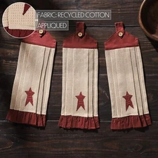 New Primitive SET 3 TAN RED STAR KITCHEN TOWEL Hanging Tab Top Button