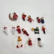 Vintage Emson Wooden Christmas Ornaments Lot 14 Miniature Figures Taiwan