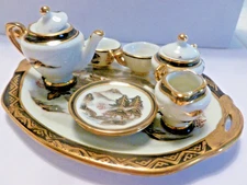 Vintage 10 Pc Miniature Porcelain Tea Set White & Gold Mountain Scape, Japan