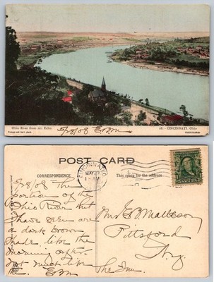 1908 Ohio River from Mt. Echo, Cincinnati OH Handcolored Postcard