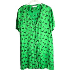 Zara Green and Black Floral Print Short Sleeve Buttoned Front Shirt Dress L