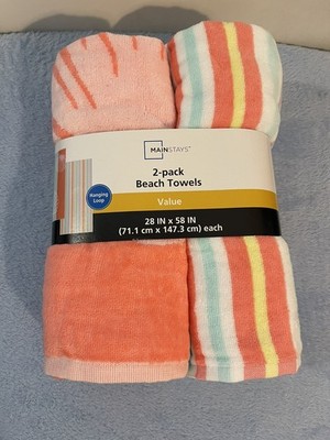 Mainstays 2 Pack Beach Towels or Oversize Bath Towels 58 x 28 in