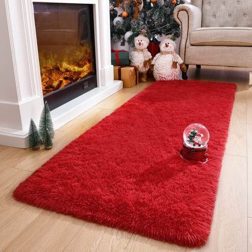 Red Rug 2x6 Feet - Fluffy Red Runner Rugs for Bedroom Shaggy 2' X 6' Living R... - Picture 5 of 7