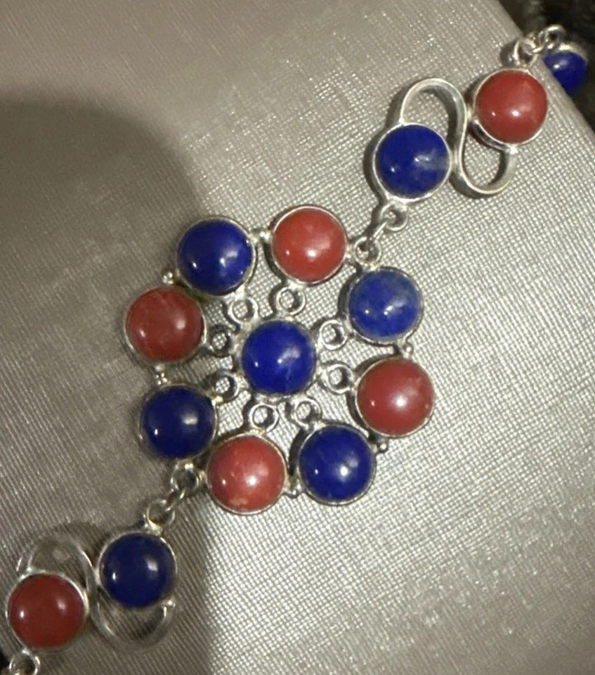 VINTAGE 925 Sterling Silver Blue Lapis And Coral  Bracelet 8  Inches - Image 2 of 4