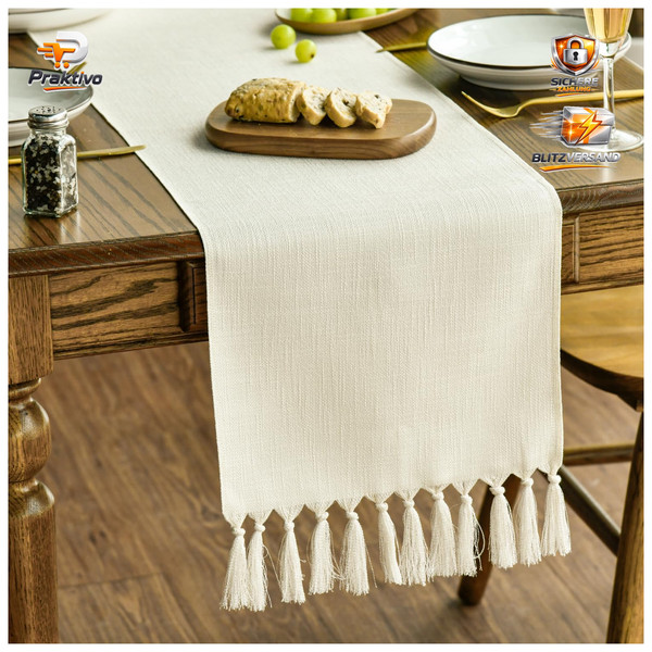TischläUfer Beige Landhausstil Quasten Waschbar 33X143 Cm Dekoration Party-image