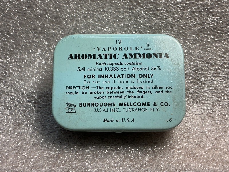 Vintage Burroughs Wellcome Vaporele Aromatic Ammonia Inhalent Tin with 8Capsules