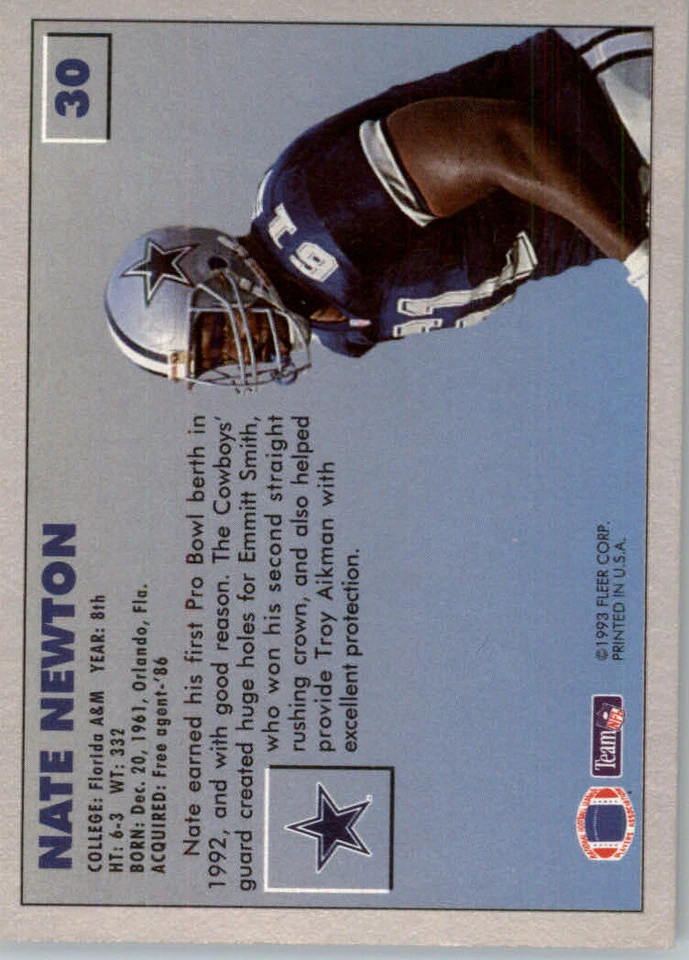 1993 Fleer Football #30 Nate Newton - Dallas Cowboys - Image 2 of 2