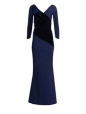 NWT Chiara Boni La Petite Robe Erendira Velvet Long Sleeve Gown in Blue size 2