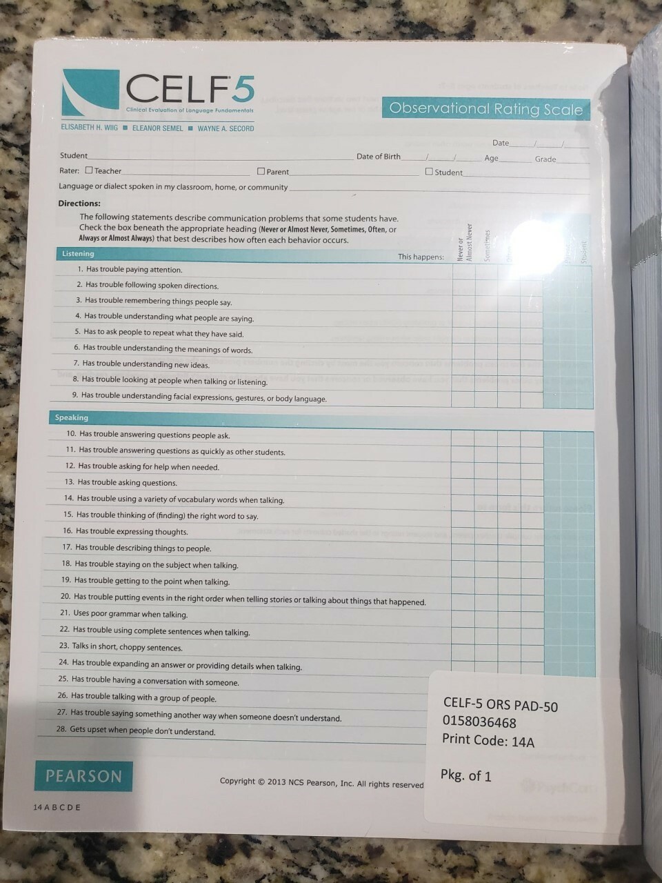 CELF 5, observational rating scale, writing 1, writing 2 | eBay