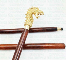 Vintage Dragon Head Handle with 3 Fold Wooden Walking Cane Stick Gift for Men Wo