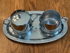 Vintage Hellerware Chrome Metal Tea Sugar Creamer Serving Tray Set - Made in USA