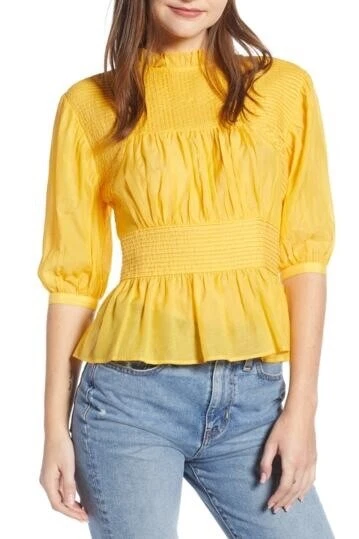 Something Navy Pleated Peplum Top Size Yellow XS | eBay