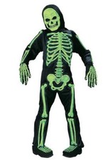 Green Skeleton Halloween Costume 12/14 Skelebones 3-D Jumpsuit, Mask 6 Pc Boys
