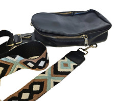 Black Vegan Leather Sling Bag Crossbody Embroidered Boho Strap Adjustable Nice 