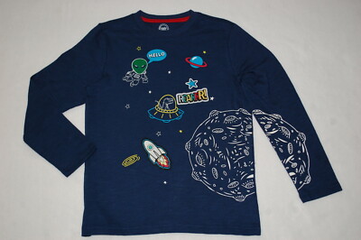 Boys L/S Tee Shirt ALIEN DINOSAUR SPACECRAFT MOON PLANET ROCKET Navy Blue S 6-7