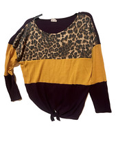 Bibi Women s Large Leopard/Gold/Purple Print Long Sleeve Ribbed Knit Sweater