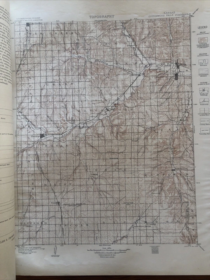 Mapas folio antiguos de 1904 del Atlas Geológico de Estados Unidos Cottonwood Falls Kansas Foto 3 de 4