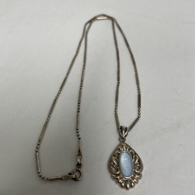 Signed MD28V Sterling Silver Small Bead Blue Stone Pendant Necklace 10  Chain