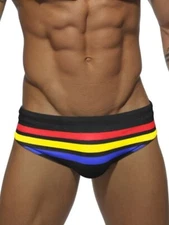 New Men's Sexy Black Color Strip Low Rise Bikini Style Swim Brief -Gay Interest