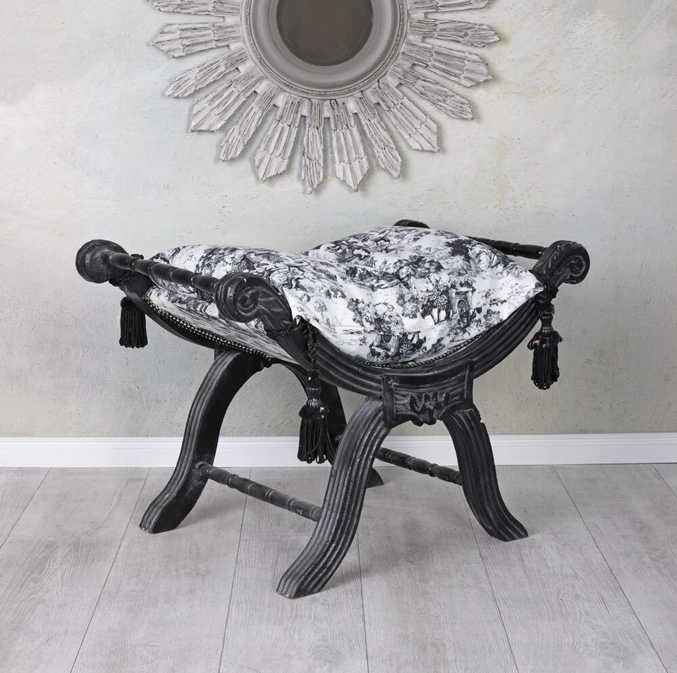 Hocker Sitzgondel Barock Sitzbank Sitzhocker Toile de Jouy Barockhocker Schemel - Bild 3 von 4