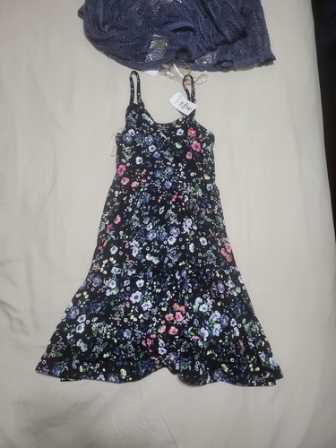 Ally B Girls Black Floral Blue Knit Sleeveless Tiered Short Dress Cardigan 12 - Picture 2 of 7
