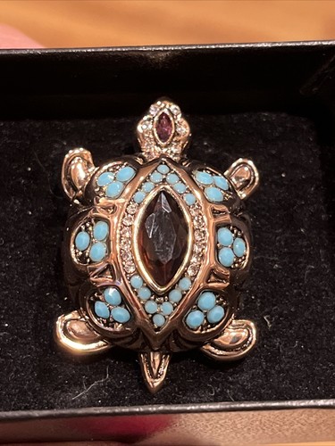 Lg. Turtle Ring W/ Faux Turquoise & Amethyst & Cubic Zirconia, Size 6