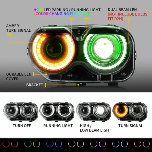 Juego de pares de faros VLAND RGB DRL para Dodge Challenger 2015-2023 luces delanteras - Imagen 2 de 13