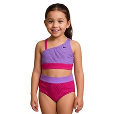 Nike Girls 2PC Swimsuit Set Large Pink Purple Polka Dot One Shoulder Bikini NWT