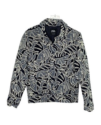 ZARA M Mens Leaf Jacquard Jacket Bomber Padding Blue Modern 