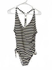 Kona Sol Womens Medium Striped One Piece Swimsuit Ruched Sides O-Ring Back