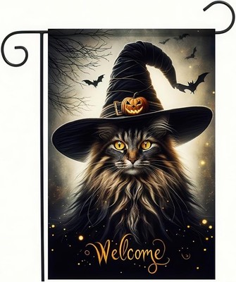 Double Sided Vertical Flag - 12x18 Halloween Cat Garden Flag for Outside, Fall H