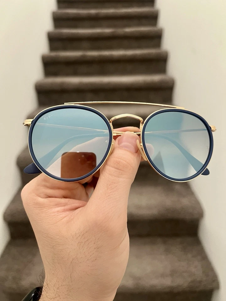 NUEVO Gafas de sol Ray-Ban Round Double Bridge RB3647N 51-22 - Dorado/Azul Flash Foto 4 de 4