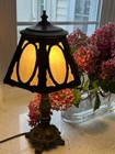 Art Nouveau slag glass table lamp with silver-plated metal base and frame — photo 2