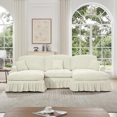 U-Shape Sectional Sofa with Flared Arms, Removable Ruffle Skirts, Ottomans
