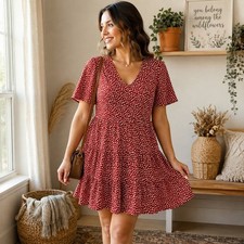 BTFBM Rust Red Polka Dot Tiered V-Neck Babydoll Mini Dress Short Sleeve Small
