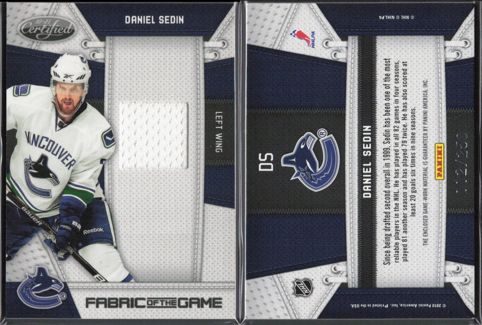 2010-11 Certified Fabric of the Game Jersey #DS Daniel Sedin Canucks 121/250